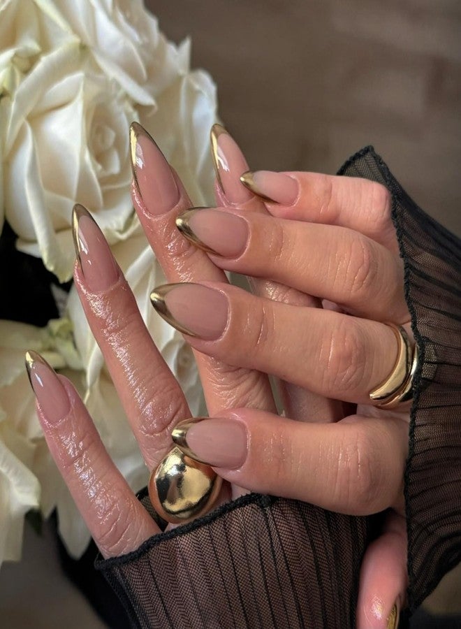 KQueenest Chrome Gold French Tip Press on Nails Short Almond, Natural Nude Fake Nails Press ons, Glazed Bling Glue on Nails Short Stiletto, Gel Stick on Nails for Women Daily Wear, 24 Pcs - Image 2